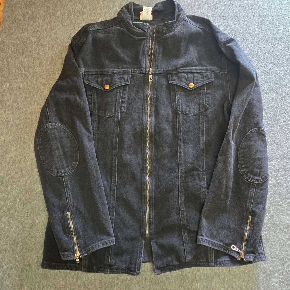 Vintage 90s Todd Oldham Denim Moto Jacket Mens XL Black Full Zip Elbow Patch